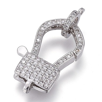 Brass Micro Pave Cubic Zirconia Lobster Claw Clasps, with Bail Beads/Tube Bails, Long-Lasting Plated, Rectangle, Clear, Real Platinum Plated, 25x14x5.5mm, Hole: 2x2mm, Tube Bails: 10x8x2mm, hole: 1.4mm
