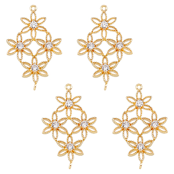 4Pcs Brass Pave Clear Cubic Zirconia Connector Charms, 4 Flower Links, Light Gold, 23.5x15x2.5mm, Hole: 0.8mm