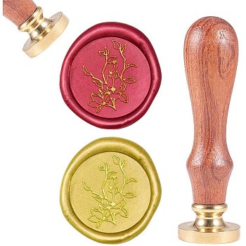 DIY Scrapbook, Brass Wax Seal Stamp and Wood Handle Sets, Flower, Golden, 8.9x2.5cm, Stamps: 25x14.5mm