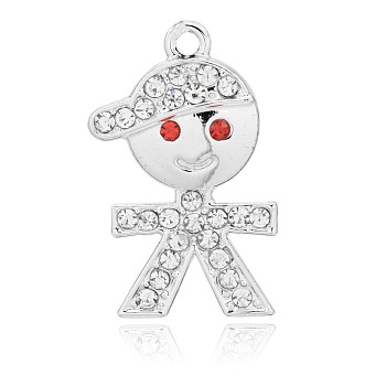 Nickel Free Silver Color Plated Alloy Rhinestone Boy Pendants, Long-Lasting Plated, Crystal, 27x18x3mm, Hole: 2mm