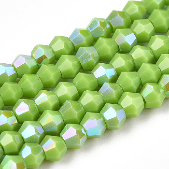 Opaque Solid Color Electroplate Glass Beads Strands, AB Color Plated, Faceted, Bicone, Yellow Green, 2.9~3.3x2.5mm, Hole: 0.7mm, about 145~150pcs/strand, 16.34~16.54 inch(41.5~42cm)