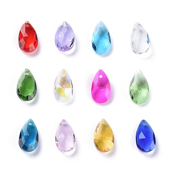 72Pcs 12 Colors Birthstone Charms Glass Pendants, Faceted, Teardrop, Mixed Color, 15x9.5x5.5mm, Hole: 1mm, 12colors, 6pcs/color, 72pcs/box