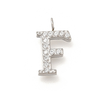 304 Stainless Steel Micro Pave Cubic Zirconia Pendants, Letter A~Z Charms, Letter F, 12.5x7.5x2mm, Hole: 1.8mm