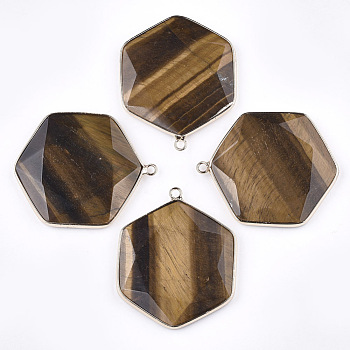 Natural Tiger Eye Pendants, with Brass Findings, Faceted, Hexagon, Golden, 44~45x36~37x5~6mm, Hole: 2mm