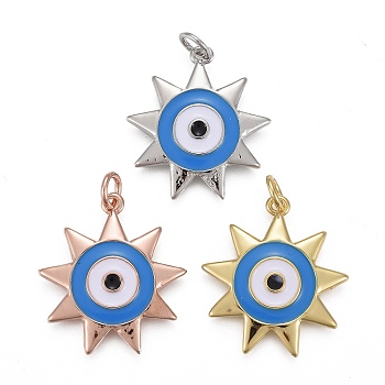 Brass Enamel Pendants, with Jump Rings, Long-Lasting Plated, Star with Sky Blue Evil Eye, Mixed Color, 22x20x3mm, Hole: 3mm