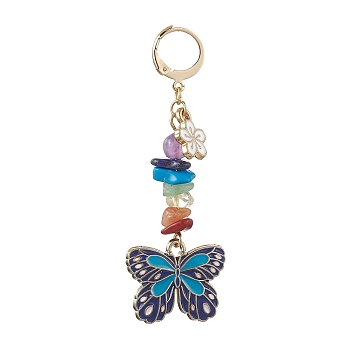 Butterfly Alloy Emamel Pendant Decorations, with Chakra Gemstone Beads and 304 Stainless Steel Leverback Earring Findings, Dark Blue, 63mm