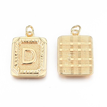 Brass Pendants, with Jump Rings, Cadmium Free & Nickel Free & Lead Free, Rectangle with Letter, Real 18K Gold Plated, Letter.D, 22.5x16x2mm, Jump Ring: 5x1mm, 3mm inner diameter