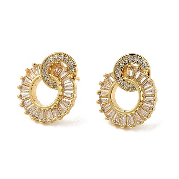 Rack Plating Real 18K Gold Plated Brass Donut Dangle Stud Earrings, with Cubic Zirconia, Long-Lasting Plated, Lead Free & Cadmium Free, Clear, 16.5x14mm