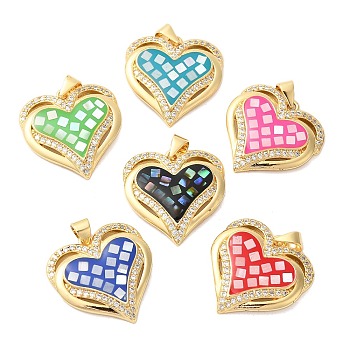 Heart Brass Micro Pave Cubic Zirconia Pendants, with Enamel & Shell, Long-Lasting Plated, Lead Free & Cadmium Free, Real 18K Gold Plated, Mixed Color, 21x21x4mm, Hole: 4x5mm