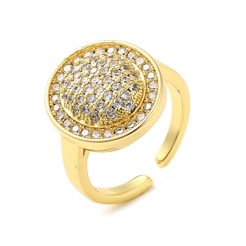 Brass Micro Pave Cubic Zirconia Rings, Flat Round, Real 18K Gold Plated, US Size 7 1/4(17.5mm)