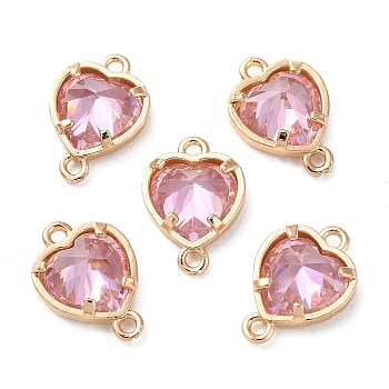 K9 Glass Connector Charms, Heart Links with Golden Tone Brass Findings, Light Rose, 14x10x4.5mm, Hole: 1.2mm