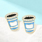 Brass Micro Pave Cubic Zirconia Stud Earrings, Drink, with Enamel, Lead Free & Cadmium Free, Long-Lasting Plated, Rack Plating, Real 18K Gold Plated, Deep Sky Blue, 13x10.5mm(EJEW-G471-37G-02)