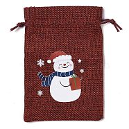 Christmas Theme Jute Cloth Storage Bags, Rectangle Drawstring Bags, FireBrick, Snowman, 14x10x0.4cm(ABAG-F010-01A-02)