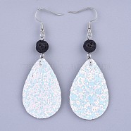 PU Leather Sequins Dangle Earring, with Natural Lava Rock Beads and Brass Earring Hooks, Platinum, White, 73mm, Pin: 0.7mm(EJEW-JE03158-06)