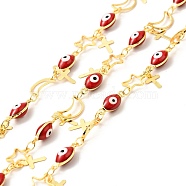 Enamel Horse Eye & Star & Moon Link Chains, with Brass Cross Charms, Real 18K Gold Plated, Soldered, Long-Lasting Plated, with Spools, Red, 5x13x4.5mm, 8.5x8.5x0.8mm, 10x6x0.8mm(CHC-C003-19G)