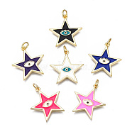 Brass Micro Pave Cubic Zirconia Enamel Pendants, with Jump Ring, Cadmium Free & Nickel Free & Lead Free, Real 16K Gold Plated, Star with Eye, Mixed Color, 22x21x2.5mm, Jump Ring: 5x1mm, 3mm inner diameter(KK-Q283-008-NR)