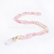 Natural Rose Quartz and Natural Quartz Crystal Pendant Necklaces, with Pearl and Brass Findings, Bullet, 31.5 inch~32.3 inch(80~82cm), Pendant: 45~55x15x10mm(NJEW-I220-03)