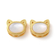 Cat Shape 925 Sterling Silver Beads, with Natural White Shell, Long-Lasting Plated, with S925 Stamp, Golden, 8x9.5x5mm, Hole: 1.6mm(STER-D005-01G)