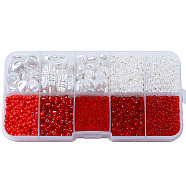 DIY 10 Style ABS & Acrylic Beads Jewelry Making Finding Kit, Heart & Barrel & Round & Flat Round & Imitation Pearl, Red, 7~18.5x7.5x2~10.5x1.5~5mm, Hole: 0.7~1.2mm(DIY-N0012-05G)