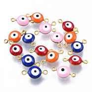 304 Stainless Steel Enamel Connector Charms, Real 18K Gold Plated, Flat Round with Evil Eye, Mixed Color, 13x6.5x4mm, Hole: 1.2mm(STAS-N092-176)