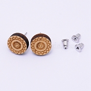 Natural Wood Stud Earrings, with Stainless Steel Stud Earring Findings and Ear Nuts, Flat Round, Bisque, Flower Pattern, 12x4mm, Pin: 0.6mm(EJEW-WH0005-03B)