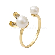 Natural Pearl Finger Rings, Sterling Silver Micro Pave Cubic Zirconia Cuff Rings for Women, Rabbit, Real 18K Gold Plated, Inner Diameter: 17mm(RJEW-P113-17G)