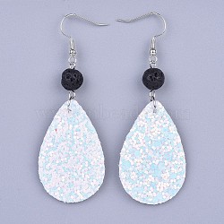PU Leather Sequins Dangle Earring, with Natural Lava Rock Beads and Brass Earring Hooks, Platinum, White, 73mm, Pin: 0.7mm(EJEW-JE03158-06)