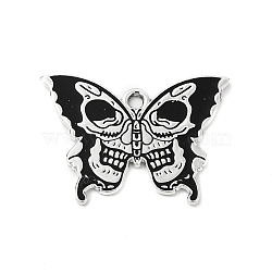 Halloween Alloy Enamel Pendants, Butterfly with Skull Charm, Platinum, Black, 20x27.5x1mm, Hole: 1.8mm(X-ENAM-I053-C04)