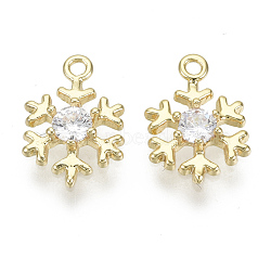 Brass Micro Pave Clear Cubic Zirconia Charms, for Christmas, Nickel Free, Snowflake, Real 18K Gold Plated, 12x8x2mm, Hole: 1.2mm(KK-S348-527-NF)