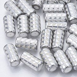 Electroplate Glass Beads, Column with Triangle Pattern, Silver, 20x10mm, Hole: 1.2mm, about 50pcs/bag(EGLA-N003-05F)