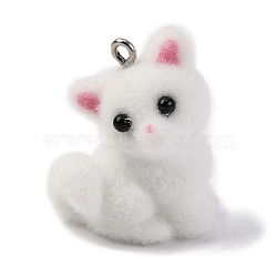 Flocking Opaque Resin Pendants, with Platinum Tone Iron Loops, Fox Charms, White, 27.5x21.5x15mm, Hole: 1.8mm(RESI-Z029-01P-01)