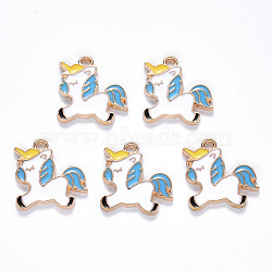 Alloy Enamel Pendants, Unicorn, Light Gold, Deep Sky Blue, 18x18x1.5mm, Hole: 2mm(ENAM-N054-013A)