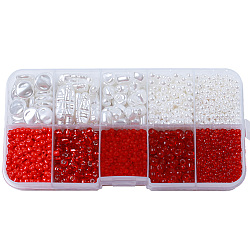 DIY 10 Style ABS & Acrylic Beads Jewelry Making Finding Kit, Heart & Barrel & Round & Flat Round & Imitation Pearl, Red, 7~18.5x7.5x2~10.5x1.5~5mm, Hole: 0.7~1.2mm(DIY-N0012-05G)