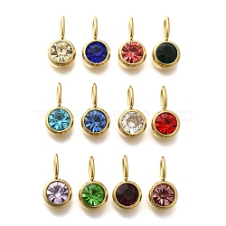 Ion Plating(IP) 304 Stainless Steel Micro Pave Rhinestonea Pendants, Flat Round Charm, Real 14K Gold Plated, Mixed Color, 12x6x4mm, Hole: 5x3mm(STAS-K263-75A-G)