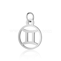 304 Stainless Steel Charms, with Jump Rings, Polished, Flat Round with Constellation, Gemini, 13x11x1mm, Hole: 2.5mm(STAS-T036-T513-A3)