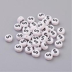 Flat Round with Letter S Acrylic Beads, with Horizontal Hole, White & Black, Size: about 7mm in diameter, 4mm thick, hole: 1mm(X-PL37C9070-S)