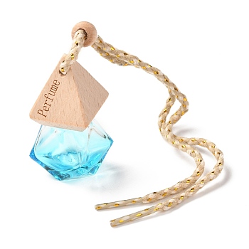 Rhombus Refillable Empty Perfume Bottles Pendant, with Plastic Stopper, Beech Wood Dust Plug and Polyester Cord, Aromatherapy Bottle Car Hanging Decor, Cyan, 26.5cm, Capacity: 6~15ml(0.20fl. oz)