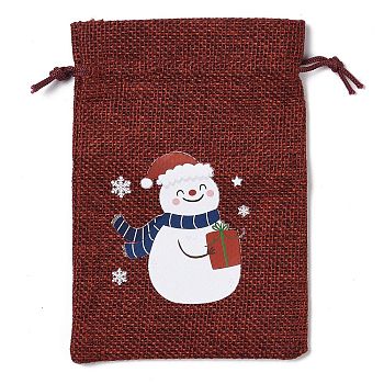 Christmas Theme Jute Cloth Storage Bags, Rectangle Drawstring Bags, FireBrick, Snowman, 14x10x0.4cm