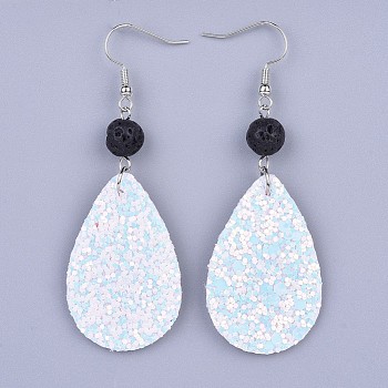 PU Leather Sequins Dangle Earring, with Natural Lava Rock Beads and Brass Earring Hooks, Platinum, White, 73mm, Pin: 0.7mm