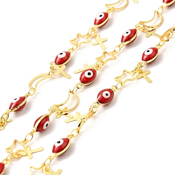 Enamel Horse Eye & Star & Moon Link Chains, with Brass Cross Charms, Real 18K Gold Plated, Soldered, Long-Lasting Plated, with Spools, Red, 5x13x4.5mm, 8.5x8.5x0.8mm, 10x6x0.8mm