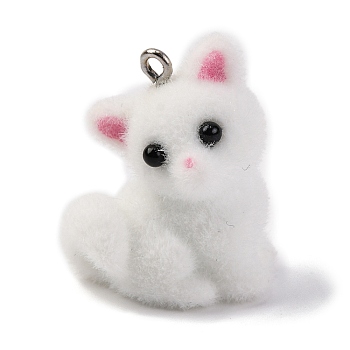 Flocking Opaque Resin Pendants, with Platinum Tone Iron Loops, Fox Charms, White, 27.5x21.5x15mm, Hole: 1.8mm