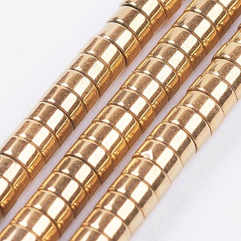 Electroplate Non-magnetic Synthetic Hematite Beads Strands, Heishi Beads, Flat Round/Disc, Golden Plated, 4x2mm, Hole: 0.8mm, about 204pcs/strand, 16.14 inch(41cm)