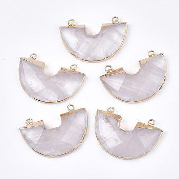 Electroplate Natural Quartz Crystal Semi Circle Pendants, Rock Crystal, with Iron Findings, Faceted, Half Round, Golden, 28~28.5x41x5~7mm, Hole: 2.5mm
