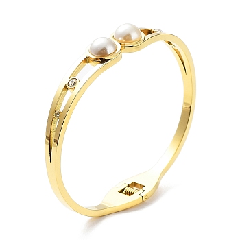 Ion Plating(IP) 304 Stainless Steel Cuff Bangle, Hinged Bangle with Rhinestone and Plastic Pearl, Golden, Inner Diameter: 1-3/4x2-1/4 inch(4.6x5.85cm)