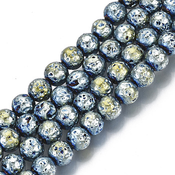 Electroplated Natural Lava Rock Beads Strands, Round, Bumpy, Light Steel Blue, 6.5mm, Hole: 1mm, about 60pcs/Strand, 14.96 inch(38cm)