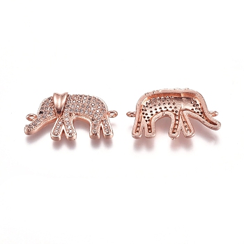 Brass Micro Pave Cubic Zirconia Links connectors, Elephant, Clear, Rose Gold, 13.5x24x4mm, Hole: 1mm