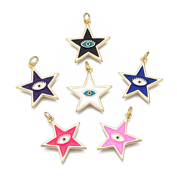 Brass Micro Pave Cubic Zirconia Enamel Pendants, with Jump Ring, Cadmium Free & Nickel Free & Lead Free, Real 16K Gold Plated, Star with Eye, Mixed Color, 22x21x2.5mm, Jump Ring: 5x1mm, 3mm inner diameter