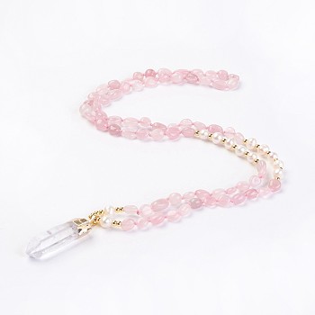 Natural Rose Quartz and Natural Quartz Crystal Pendant Necklaces, with Pearl and Brass Findings, Bullet, 31.5 inch~32.3 inch(80~82cm), Pendant: 45~55x15x10mm