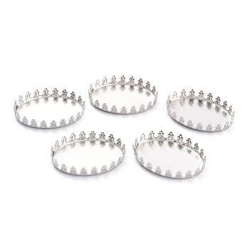 Non-Tarnish 304 Stainless Steel Cabochon Settings, Lace Edge Bezel Cups, Flat Round, Stainless Steel Color, 26x19x4mm Tray: 25x18mm