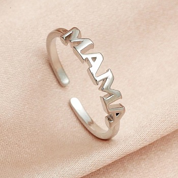 Alloy Open Cuff Rings for Women, Word MAMA, Platinum, Inner Diameter: 17mm